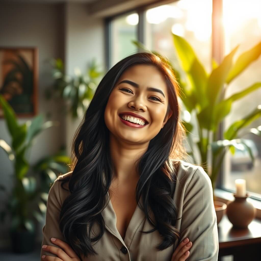 Girl with green background of plants and sun reflection