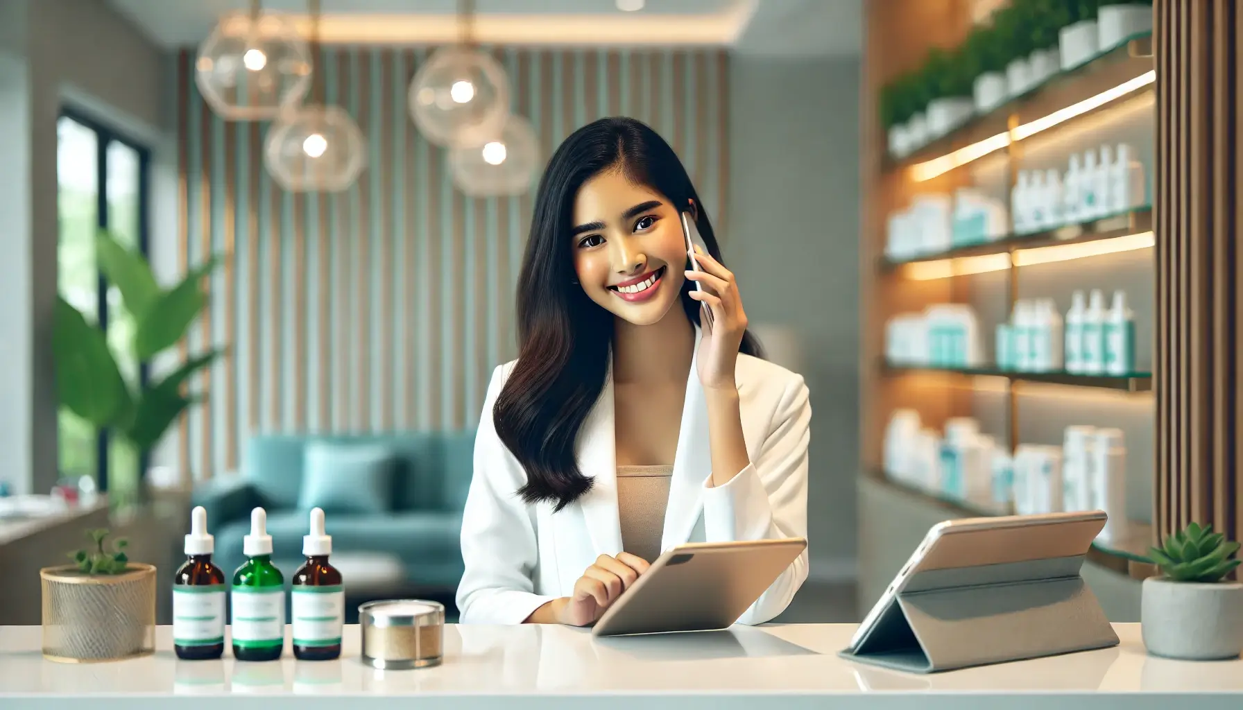 model receptionist with tablets and phone