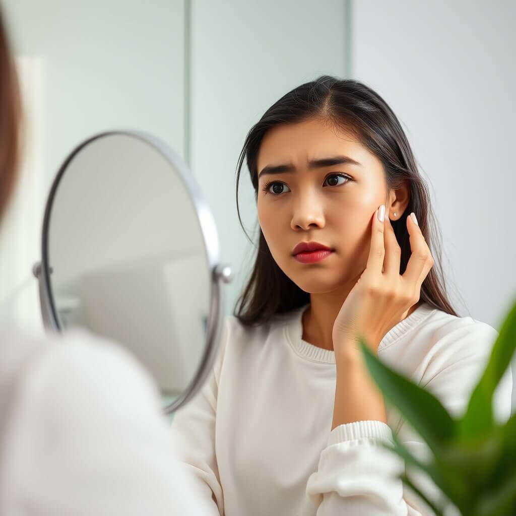 girl at consult looking at mirror concerned (1)